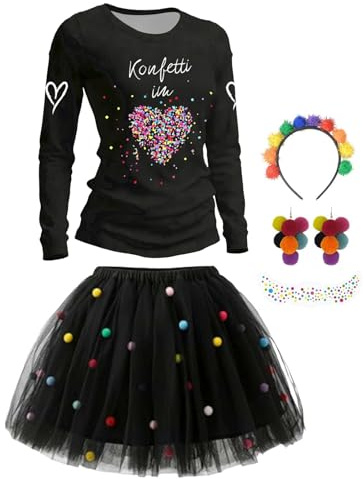 Konfetti Kostüm Damen Set, Konfetti im Herzen T-shirt Damen Fasching Karneval Outfit, Tüllrock Konfetti Rock, Haarreif mit Pompoms Bunt, Ohrringe, Aufkleber, Konfetti Accessoires