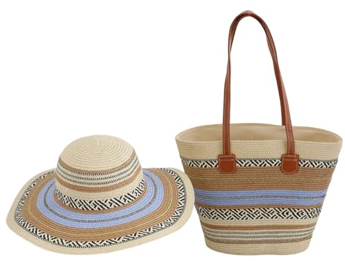 Kouoybt Women Straw Tote Bag and Straw Hat Set Striped Beach Hat and Bag Set Large Capacity Shoulder Bag