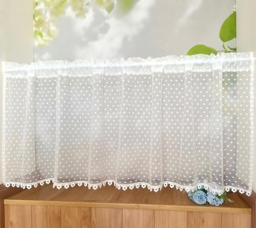 Jeeman Scheibengardine Retro Stickerei Punktenmuster Transparent Bistrogardine Spitzen gardine Fenster mit Lochmuster Volantrand Blumendekor Küchengardine Wohnzimmergardine Weiß HxB 40x150cm 1 Stück