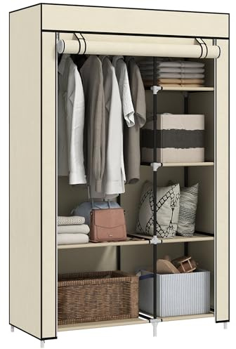 HOMCOM Armadio Portatile in Tessuto non Tessuto, Acciaio e PP, Armadio Guardaroba Salvaspazio con 6 Ripiani Aperti, 1 Appendino e Porta a Cerniera, 103x43x162.5 cm, Crema