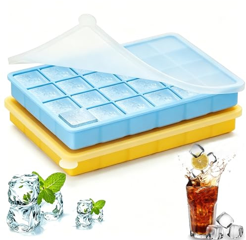 FIOUSY Silicone Ice Cube Tray, Flexible Ice Cube Tray with Removable Lid, 2 PCS of Ice Cube Moulds Set and 24 Ice Cub Per Tray for Whiskey (Yellow+Blue)