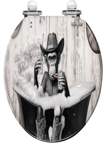 Länglicher, dekorativer WC-Sitz im Südwest-Stil mit lustigem Cowboy-, Affen- und Schimpansenmotiv aus Kunstharz, inklusive Deckel, einfache Montage, leises Schließen, Schnellverschluss-Scharniere