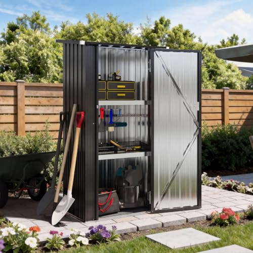 Aoxun Metall-Gerätehaus 88×54×164cm mit 2 verstellbaren Regalböden, Kleiner abschließbarer Werkzeugschrank für Garten, Terrasse & Hof, Schwarz