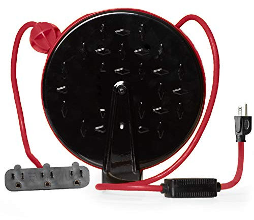IRON FORGE CABLE 30Ft Retractable Extension Cord Reel with Breaker Switch & 3 Electrical Power Outlets - 16/3 SJTW Durable Red Cable - Perfect for Hanging from Your Garage Ceiling