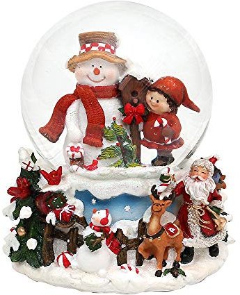 Schneekugel Schneemann mit Kind auf aufwendig verziertem Sockel, mit Spielwerk, Melodie: White Christmas, Maße L/B/H: 12,5 x 12 x 14,5 cm Kugel Ø 10 cm.