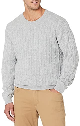 Amazon Essentials Men's Crewneck Cable Cotton Jumper, Light Grey Heather, M