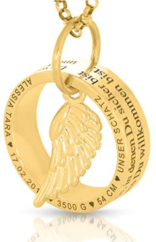 Kette zur Geburt Gravur Flügel Goldkette Ring Geburtskette Geschenk Muttertag Mamakette Baby Geburtsdaten personalisiert Engelsflügel Schmuck Engel | HANDMADE IN GERMANY