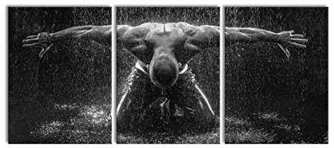 Pixxprint Bodybuilder im Regen als XXL Leinwandbild in Übergröße 180x80cm Gesamtmaß 3 teilig, Wandbild, Kunstdruck