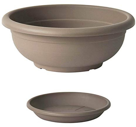 Euro3plast Olimpo Blumenschale mit Untersetzer in rund 20, 25, 30, 35, 40, 45, 50, 60 cm in anthrazit Terra Taupe (30 cm, Taupe)