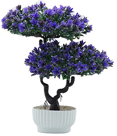 Artificial Japanese Bonsai Tree Indoor - 12.2 Fake Pine Plant in Decorative Pot for Home, Office and Outdoor Decoration, Purple