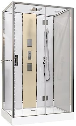 Cabine de douche hydromassante SÖREN, Profilés chromé et finition bois. Montage sans silicone - Cabine accès de face à porte pivotante verre 6mm - 120x80x212cm