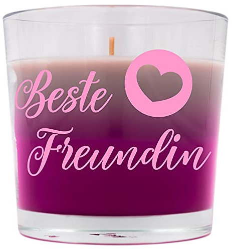 WB wohn trends Duft-Kerze mit Spruch, Beste Freundin, 9x9,5cm rosa pink grau, frischer Sommer-Duft Duft-Windlicht