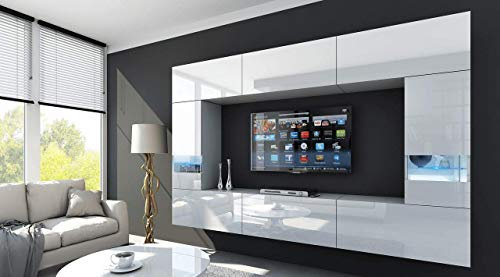 Furnitech Wohnwand Modern - Wohnzimmer Schrankwand mit LED RGB, 16 Farben, Hängend, Regale und TV Schrank (Future 29/HG/W/2 1A)