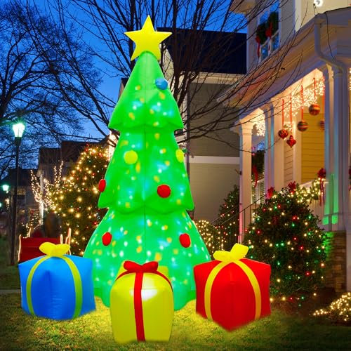 Joliyoou Decorazioni natalizie da giardino, albero di Natale gonfiabile illuminato da 1,5 m, con lampada di proiezione rotante, albero di Natale con scatole regalo, decorazioni per interni ed esterni