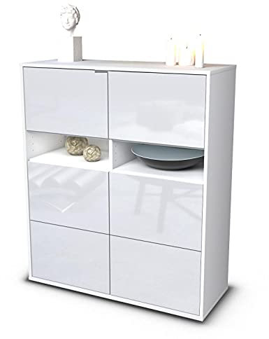 Stil.Zeit Highboard Jasmin, Korpus Weiss matt, Front Hochglanz-Design Weiß (92x108x35cm), Push-to-Open Technik & Leichtlaufschienen