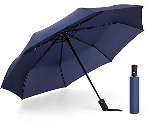 Newsight Travel Folding Umbrella, Strong 8 Ribs Reinforced Windproof Rain Umbrella, Strong Durable Umbrella Compact Portable Umbrella, Auto Open/Close Lightweight Umbrella, Navy Blue