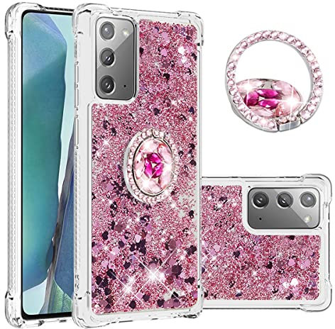 Ysnzaq Coque pour Samsung Galaxy Note 20, Brillant Paillette Floating Quicksands Kawaii Etui Housse TPU Antichoc avec Béquille Cover pour Samsung Galaxy Note 20.YBZ Rose Gold