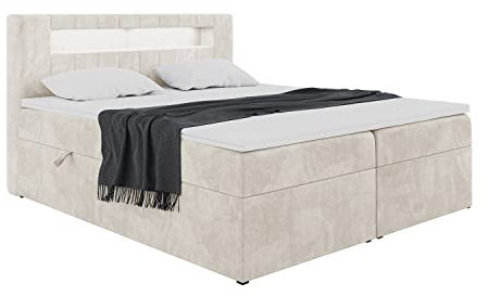 MEBLINI Boxspringbett mit Bettkasten - Bett mit LED Kopfteil - Gepolstert Doppelbett mit Matratze und Topper - Polsterbett mit Stauraum - Stauraumbett - ASPIN - 180x200 - H3/Creme Samt