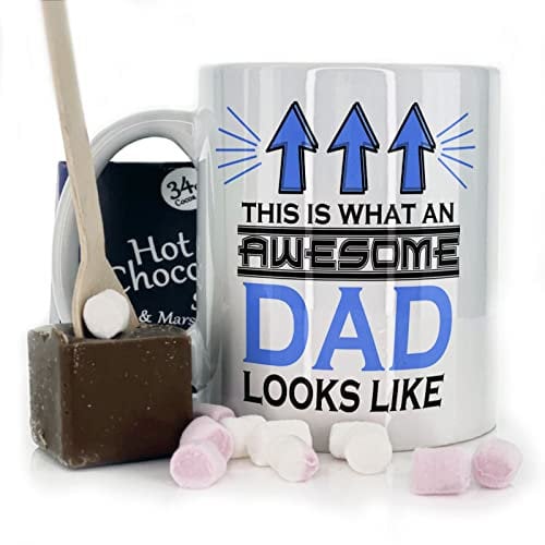 Hairyworm Dad Mug Gift Set, Belgian Milk Chocolate/Hot Chocolate Stirrer Marshmallow, Awesome Dad Arrow Design, Father's Day Mug, 11oz, White, Yellow, Blue, Black, Pink