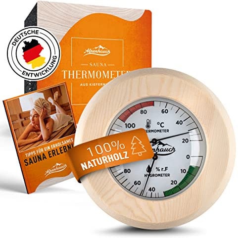 ALPENHAUCH Termometro da sauna igrometro in legno [funzione 2 in 1] – Termometro da sauna particolarmente preciso con vetro temperato – Calibrazione automatica – Elegante accessorio per sauna –