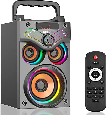 SUPNIU Cassa Bluetooth Potente Portatile, 15W(Peak) Party Wireless Altoparlante Bluetooth con FM radio, Luci, Loud Boombox Suono Stereo per i Campeggio All'aperto