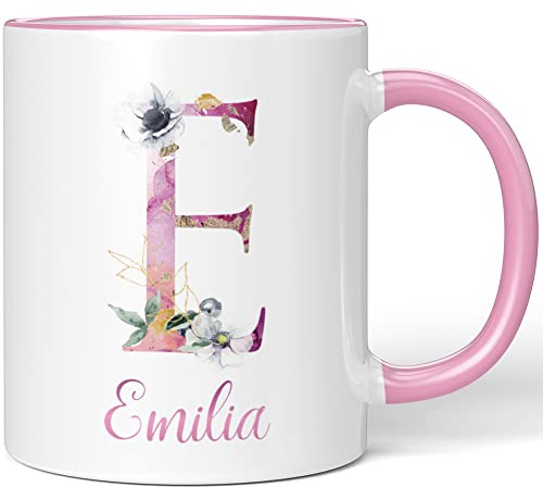 JUNIWORDS Tasse, Emilia, Name Anfangsbuchstabe Initial Alphabet Floral Buchstabe E Monogramm Motiv, Rosa (5506467)