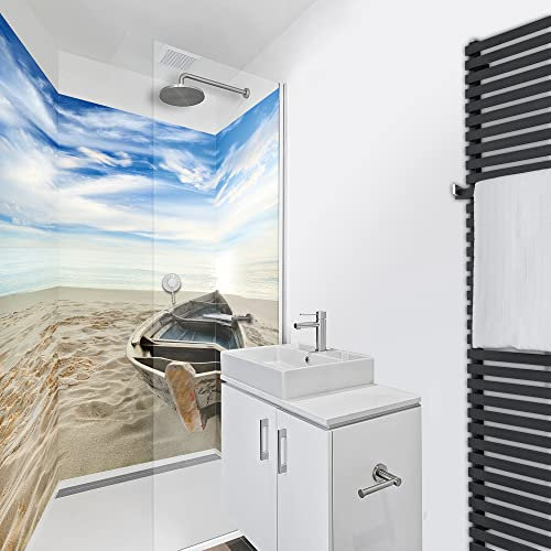 WANDFREUDE individuelle Duschrückwand Aluverbundplatte auf Maß (3 Stück - Boot auf Strand - Premium Brillant Lack) – Dusche Wandverkleidung Duschwandverkleidung Duschrückwände