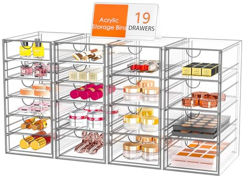 YFXCVSL Acrylic Makeup Organizer with 19 Drawers, 4 Pack Clear Storage Drawers, Bathroom Makeup Organizer for Palettes, Cosmetic, and Beauty Supplies,Ideal for Vanity, Cabinet,Desk Organization
