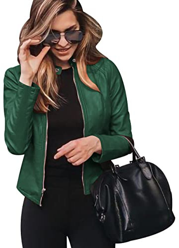 Giubbotto Ecopelle Donna Similpelle Biker Jacket Faux Leather Stand-up Curvy Primavera Verde S