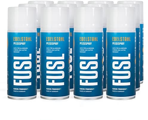 FUSL Edelstahl Pflegespray 12x 400ml, streifenfreie Reinigung, Pflege & Schutz von Edelstahl, Chrome, Aluminium - für Haushalt, Gastro, Küche, Grill - Ideal gegen Fingerabdrücke & Wasserflecken