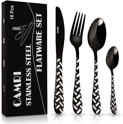 CAMRI 16 Pc Cutlery Set - Stainless Steel, Silverware Tableware, Knife Fork Spoon Set for 4, Dishwasher Safe (Cross Black Pattern)