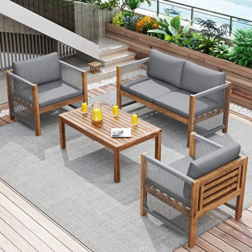 Merax Gartenmöbel Set 4-Personen, Polyrattan Balkonmöbel Lounge Sitzgruppe mit Tisch & Kissen, Sitzgarnitur aus Akazie, für Garten Balkon und Terrasse, Gartenlounge Set, Outdoor, Landhausstil, Grau