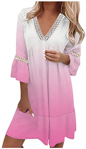 Susenstone Robes en Dentelle Femmes Fête Mariage Manches 3/4 Été Col V Robe Mi-Longue Décontractée Courtes Gradient Imprimé Coupe Ample Plage Vacances d'été Une Ligne Évasée Swing #03 Rose XXL