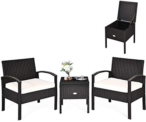 COSTWAY Conjunto de Muebles de Ratán de Jardín de 3 Piezas, Set de Conversación de Ratán PE con Cojines Extraíbles, Conjunto de Sillas de Mimbre con Mesa de Café para Jardín, Patio y Piscina