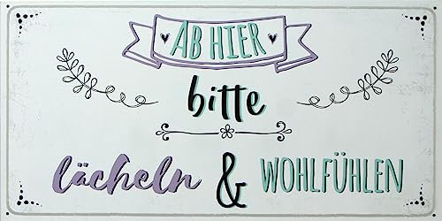 Retro Schild mit lustigem Spruch - Ab hier bitte lächeln & wohlfühlen - als Geschenkidee für Geburtstag Weihnachten 20x40 cm Holzschild Vintage DEKO 13