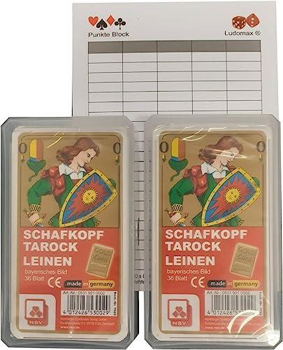 Doppelpack Schafkopf Tarock Leinen von Nürnberger Spielkarten, Bayerisches Bild, 36 Blatt mit Block