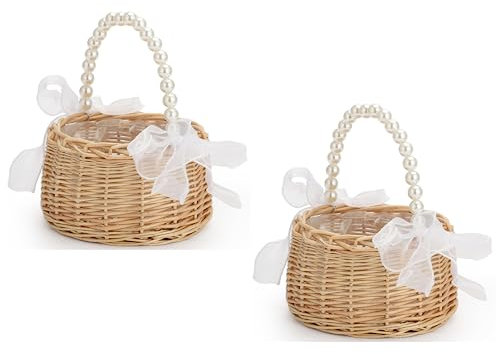 2 Stück Weiden-Rattan-Blumenmädchen-Korb, Hochzeits-Blumenmädchen-Korb mit Perlengriff und Schleife, Feen-Blumenkorb, Handgewebter Osterkorb, Weidenkorb für Hochzeits-Blumenmädchen(Braun)