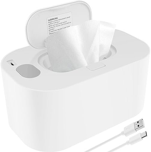 Baby Wipe Warmer Thermostat Baby Wipe Heater Even Heating Wet Wipes Warmer and Dispenser Prevent Dry USB Powered Wipes Box for Car Home Baby Nursery(White)