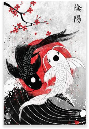 KWAY Japanische Yin-Yang-Wandkunst, Koi-Fisch, Wanddekoration, Kirschblüten, Leinwand, Wandkunst, Poster, Schwarz-Weiß-Rot, Bild, japanische Kunst, Wanddekoration, Posterbild, ungerahmt (30 x 45 cm)