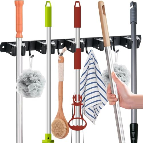 HUMOKI Broom Holder Wall Mounted, Black Stainless Steel Mop Holder with Hooks, Mop and Broom Holder with Nails Installation, Mop Holder, for Kitchen Garage Closet Bathroom Office(5 Broom Rack 4 Hooks)