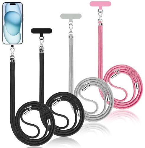 COCASES Crossbody Phone Lanyard Strap with Patch, Adjustable Nylon Neck Strap Necklace Phone Compatible with Most Smartphones (Black*2 & Grey & Pink)