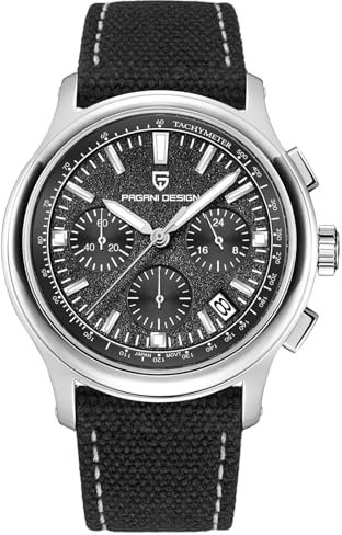 Pagani Design Herrenuhren, Neue Sport-Quarzuhr VK63 Chronograph AR+AF Saphirglas100M Wasserdicht Modische Business Armbanduhr für Herren(Nylonleder-Schwarz)