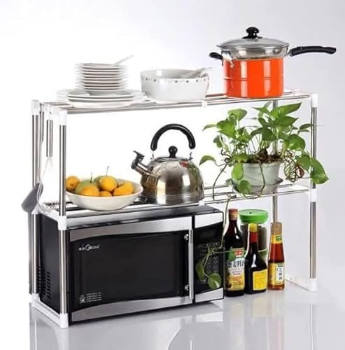 Mikrowellenregal 2 Stufiges Mikrowellen Halter Organizer, Erweiterbares Mikrowellen Regal, Ausziehbares Mikrowellen Organizer küchenorganizer-63 * 24 * 47-87cm (silber)