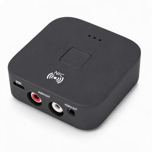 Bluetooth 5.0 Adapter mit NFC, 3,5 mm Aux für 2 Lautsprecher | Drahtloser Empfänger mit Freisprechfunktion Automatisches Ein- und Ausschalten Kompatibel mit Auto TV PC Stereo