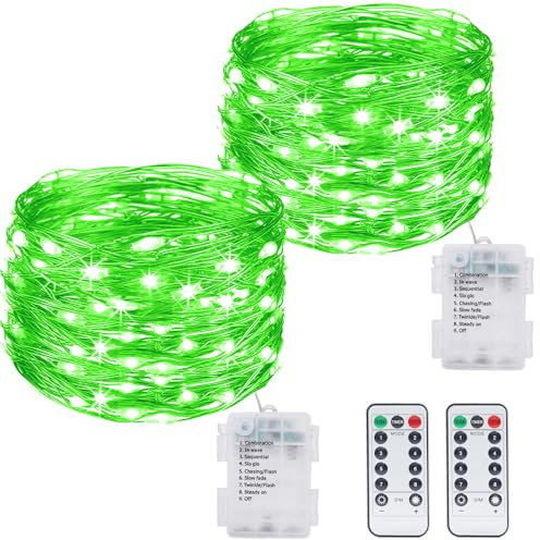 kolpop 2 Stück Lichterkette Batterie mit Timer, 12M 120LED Lichterketten, 8 Modi mit Fernbedienung, IP65 Wasserdicht St. Patrick's Day für Zimmer Garten Krüge Weihnachten Außen Innen Deko, Grün