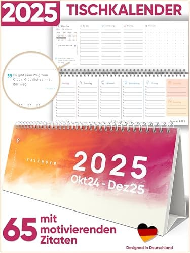 UNITURE® - Tischkalender Okt. 2024 bis Dez. 2025 [Buntes Design] - Wochenkalender 2024 2025 zum Aufstellen als Stehkalender 2025 - Kalender quer 2025 Tischkalender als Querkalender 2025