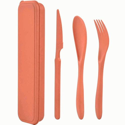 CHEFZOCO Juego de cubiertos de plástico, Cubiertos de viaje, Juego de cubiertos Reutilizables, Set de cubiertos de viaje, Tamaño estuche 20 cm, Incluye tenedor, cuchillo y cuchara, Plástico, Naranja