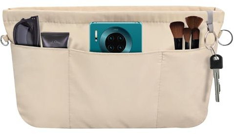 FINEASY Handtaschen Organizer Nylon, Taschenorganizer, Multi-Pocket Organizer Tasche, Taschen Organizer Shopper, Innentaschen für Handtaschen mit Schlüsselkette, Beige (S)