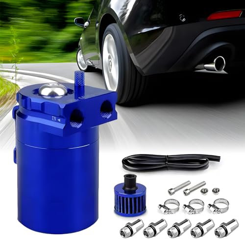 Oil Catch Can Auto, 300ml Aluminium Voiture Réservoir, Universel Séparateur Bidon Huile Voiture Air Filtre avec Filtre à Air, Tuyau et Autres Accessoires (Bleu)