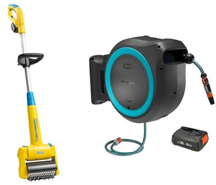 GARDENA Akku-Wandschlauchbox PowerRoll XL & GLORIA MultiBrush: zur Pflege und Säuberung von Terrassen, Gehwegen und Hofauffahrten, erweiterbar dank POWER FOR ALL System-Akku